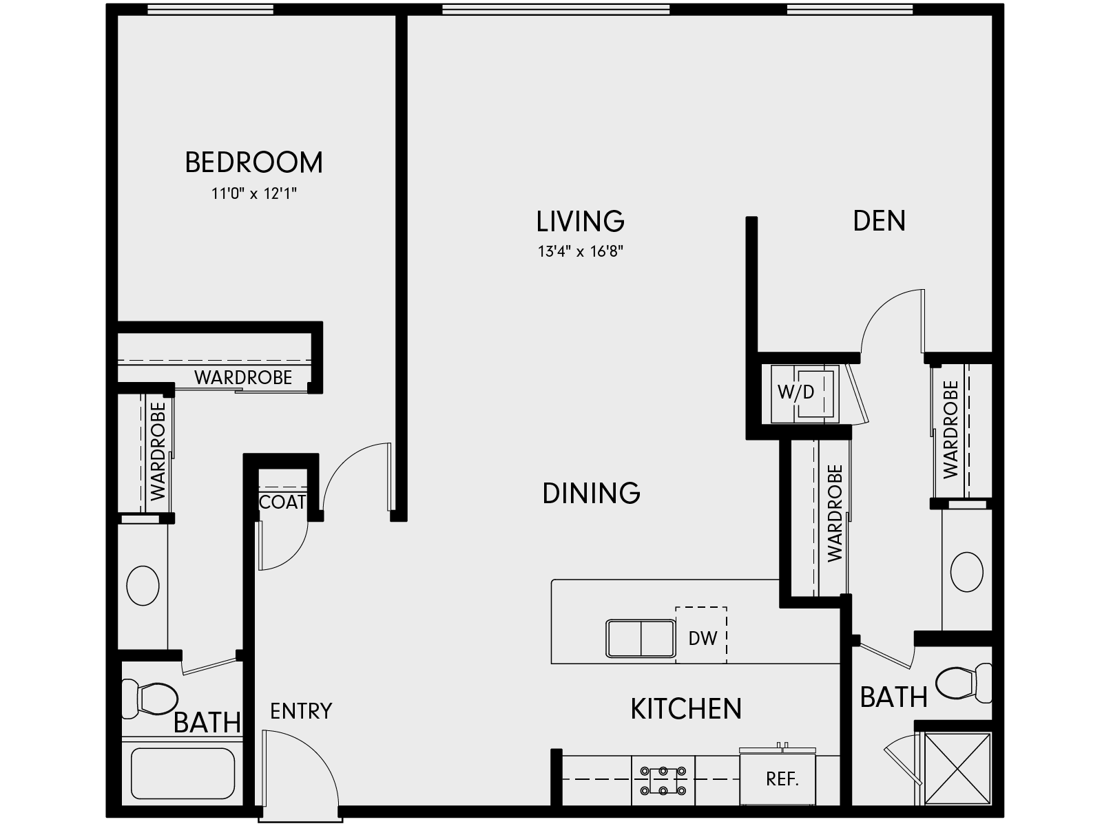 Floor plan for 1 bed, 2 baths, 1120 sqft